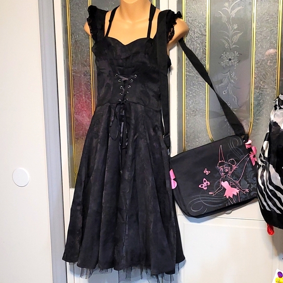 hearts and roses Dresses & Skirts - Hearts and roses 🌹 size 8 black dress and tinkerbell purse.